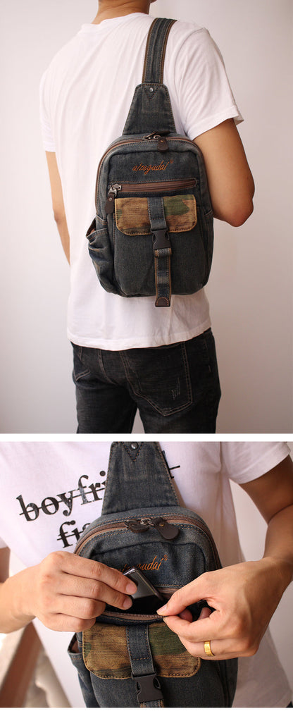 Vintage Blue Denim Mens Sling Bags Chest Bag Cool Blue Denim Sling Bag For Men