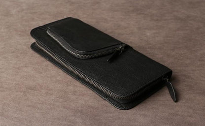 Genuine Leather Mens Cool Long Leather Wallet Cards Phone Zipper Clutch Wristlet Wallet for Men