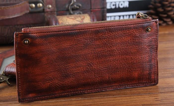 Genuine Leather Mens Cool Biker Chain Wallet Long Leather Wallet Slim Clutch Wristlet Wallet for Men