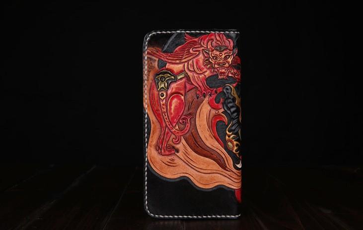 Handmade Leather Mens Clutch Wallet Tooled Cool Monster Wallet Long Zipper Wallets for Men