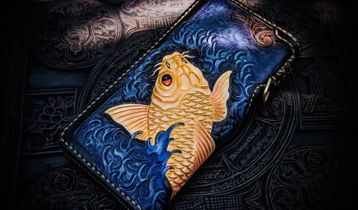 Handmade Leather Men Tooled Carp Cool Leather Wallet Long Phone Wallets for Men