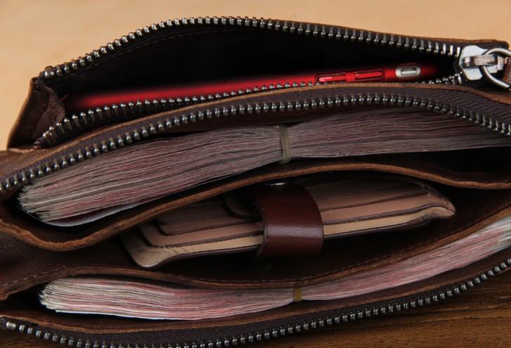 Handmade Genuine Leather Mens Cool Long Leather Wallet Zipper Clutch Wristlet Wallet for Men