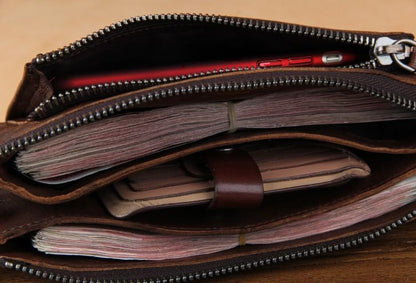 Handmade Genuine Leather Mens Cool Long Leather Wallet Zipper Clutch Wristlet Wallet for Men