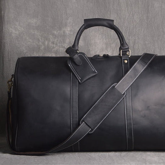 Cool Mens Black Leather Large Weekender Bag Duffle Bag Vintage Large Travel Bag for Men