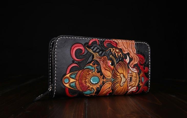 Handmade Leather Mens Clutch Wallet Tooled Cool Monster Wallet Long Zipper Wallets for Men