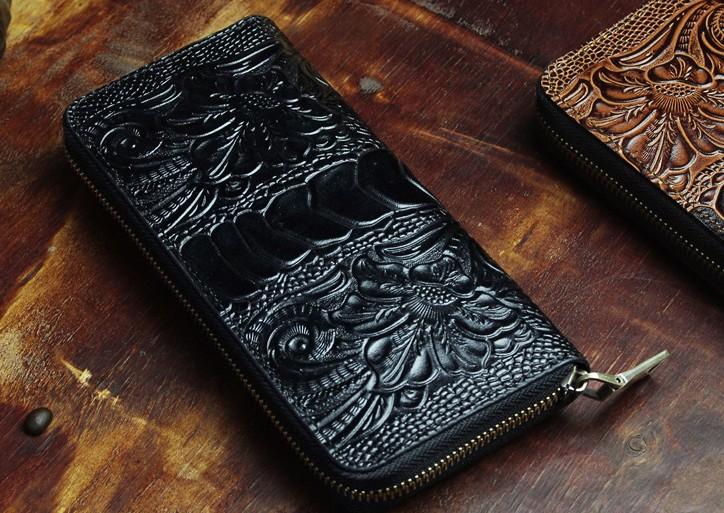 Handmade Leather Floral Mens Cool Zipper Phone Travel Long Wallet Card Holder Card Slim Clutch Wallets for Men