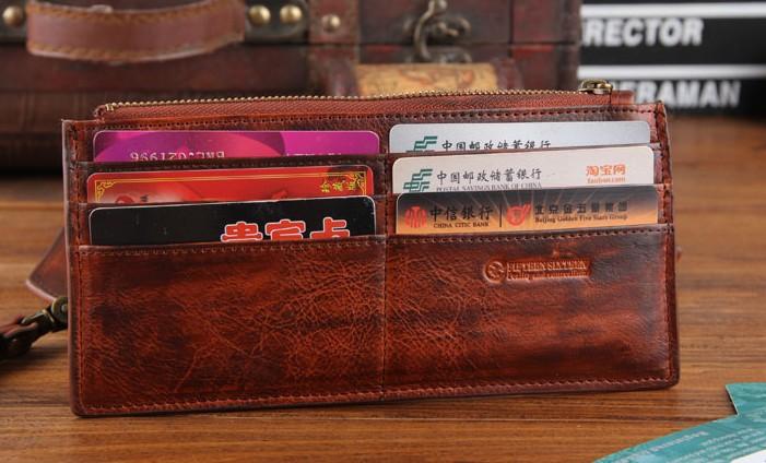 Genuine Leather Mens Cool Biker Chain Wallet Long Leather Wallet Slim Clutch Wristlet Wallet for Men