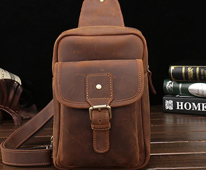 Vintage Leather Mens Sling Shoulder Bags Sling Bag Chest Bag Sling Backpack for men