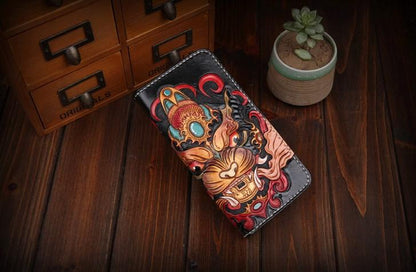 Handmade Leather Mens Clutch Wallet Tooled Cool Monster Wallet Long Zipper Wallets for Men