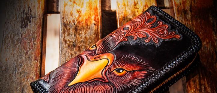 Handmade Leather Men Tooled Eagle Cool Leather Wallet Long Phone Clutch Wallets for Men