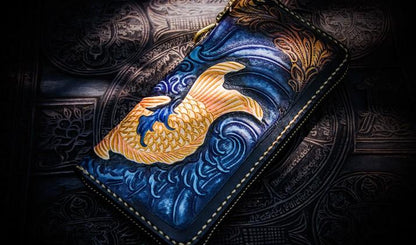 Handmade Leather Men Tooled Carp Cool Leather Wallet Long Phone Wallets for Men