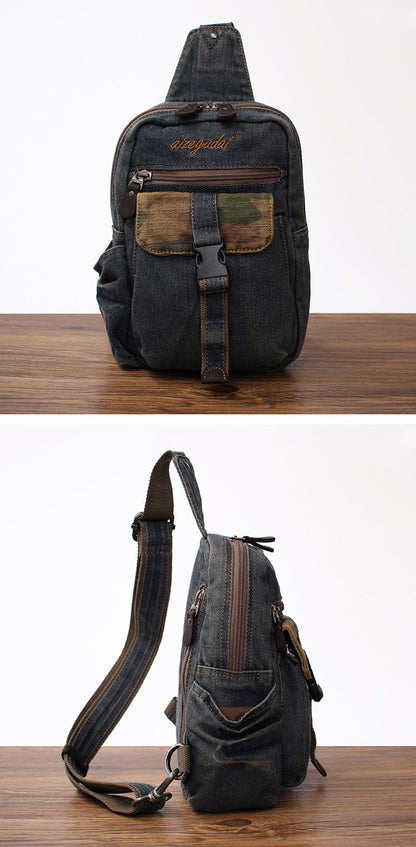 Vintage Blue Denim Mens Sling Bags Chest Bag Cool Blue Denim Sling Bag For Men