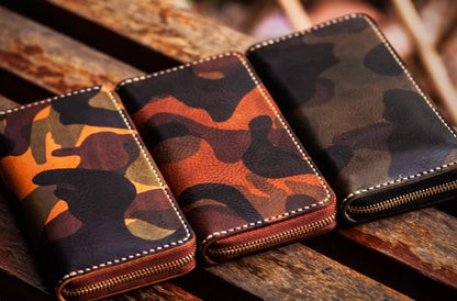 Handmade Leather Men Camouflage Cool Leather Wallet Long Phone Clutch Wallets for Men