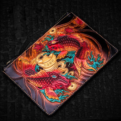 Handmade Leather Tibet Scriptures Tooled Wristlet Bag iPad Bag Mens Cool Leather Wallet Long Clutch for Men