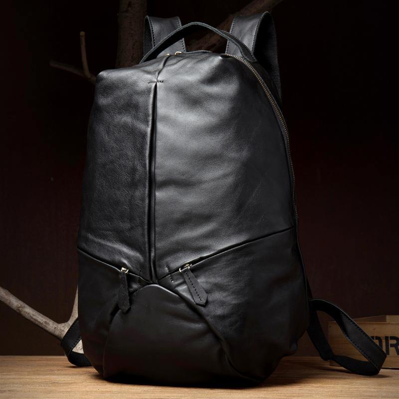 Black Fashion Mens Leather 15-inches Large Backpacks Coffee Travel Backpacks School Backpacks for men