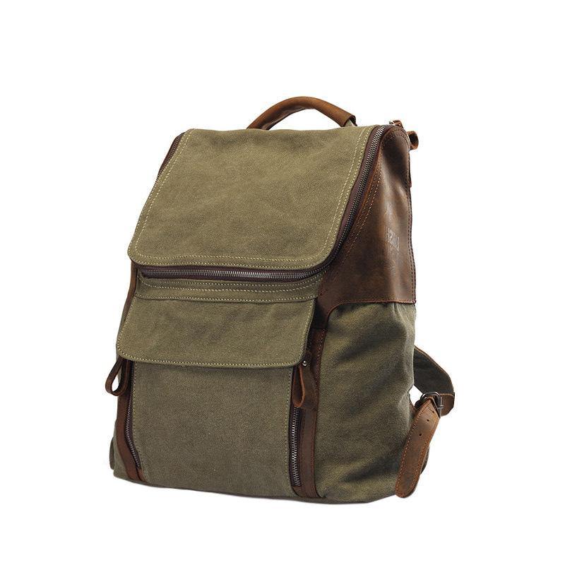 Fashion Canvas Leather Mens Large Army Green Backpack School Backpack Canvas Travel Backpack For Men