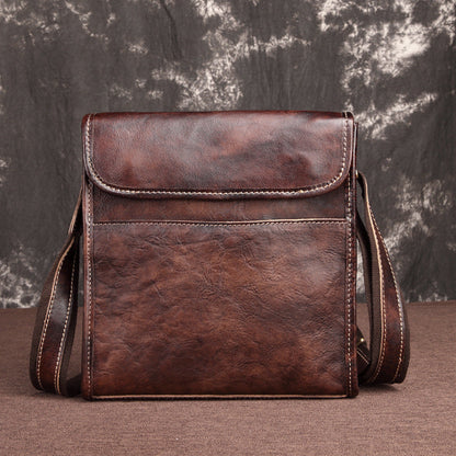 Vintage Brown Leather Men's Small Vertical Messenger Bag Side Bag Courier Bag For Men