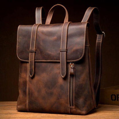 Dark Brown Fashion Mens Leather 13-inch Computer Backpack Brown Travel Backpacks School Backpacks for men