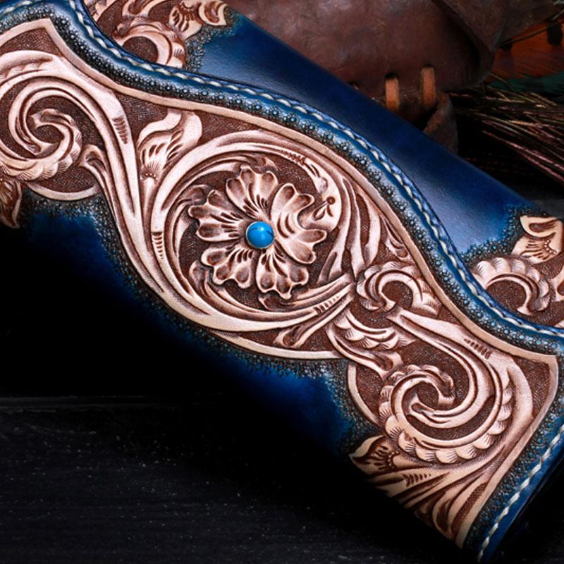 Handmade Leather Mens Tooled Floral Clutch Wallet Cool Wallet Long Wallets for Men Women