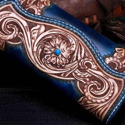 Handmade Leather Mens Tooled Floral Clutch Wallet Cool Wallet Long Wallets for Men Women