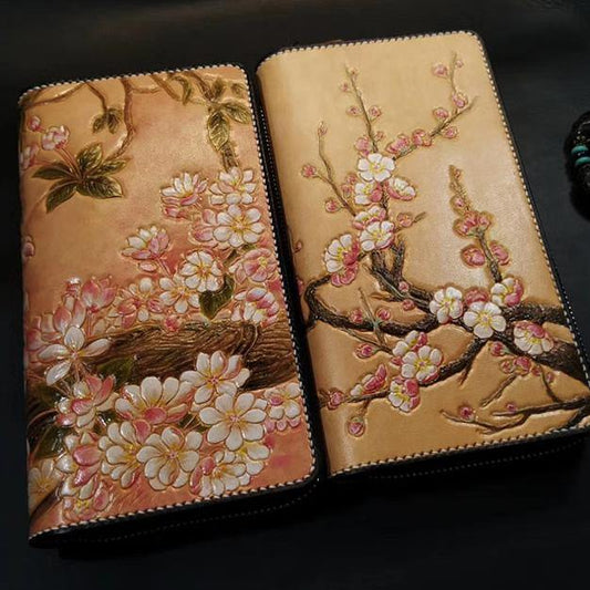 Brown Leather Women Cherry Blossom Tree Biker Wallet Handmade Tooled Zipper Long Wallets For Men