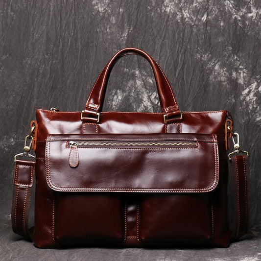 Red Brown Oily Leather Mens 14 inches Large Laptop Work Bag Handbag Briefcase Shoulder Bags Business Bags For Men