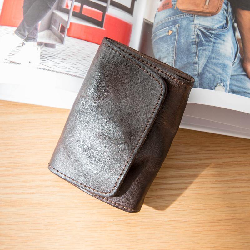 Dark Brown Cool Leather Mens Card Wallets Bifold Vintage Front Pocket Wallet Coin Holder for Men