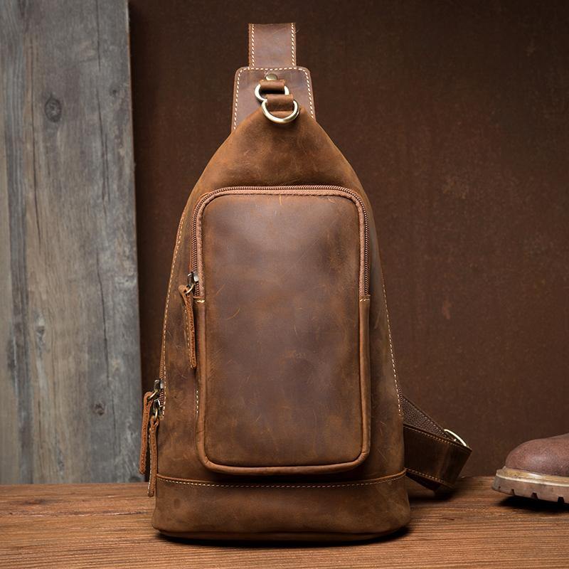 Brown Casual Leather Mens 8 inches Sling Bags Chest Bags One Shoulder Backpack for Men