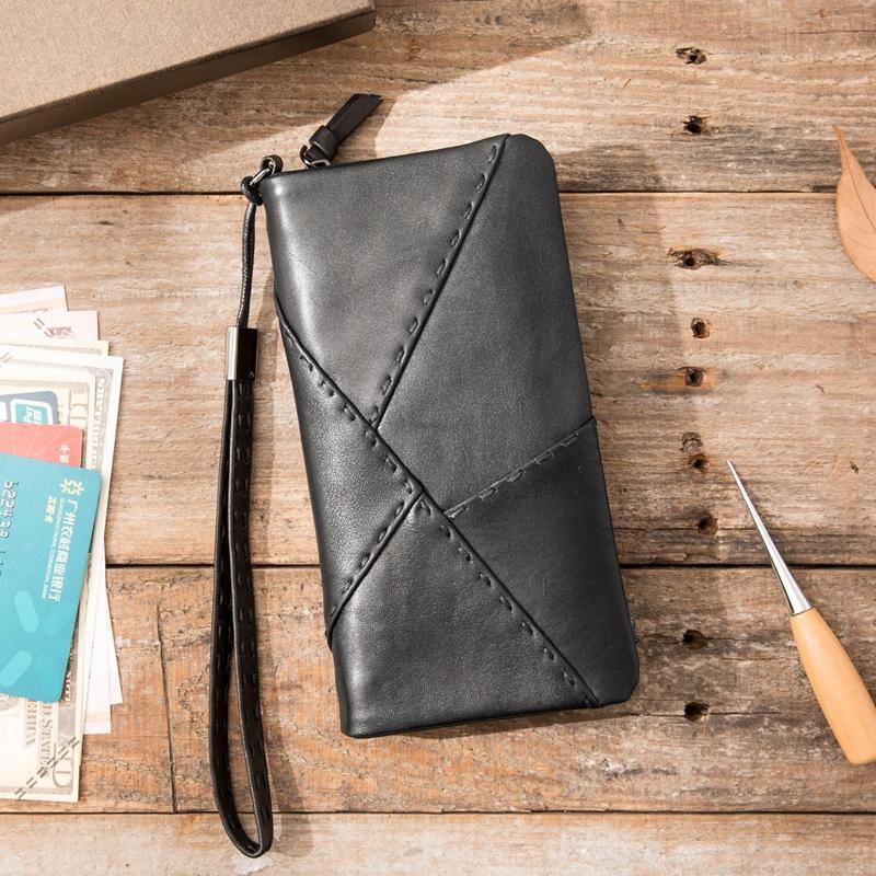 Cool Black Leather Mens Long Wallet Zipper Clutch Wallet Long Wallet Phone Bag Wristlet Wallet for Men