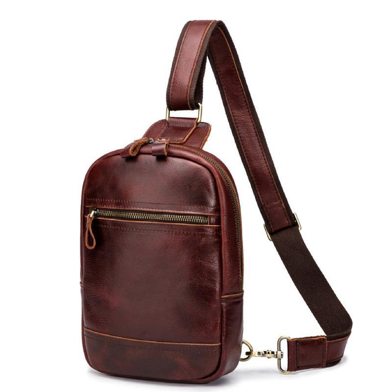 Brown Leather Men's Sling Bag Red Brown Chest Bag 8 inches One Shoulder Backpack For Men