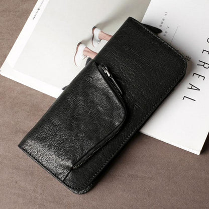 Genuine Leather Mens Cool Long Leather Wallet Cards Phone Zipper Clutch Wristlet Wallet for Men