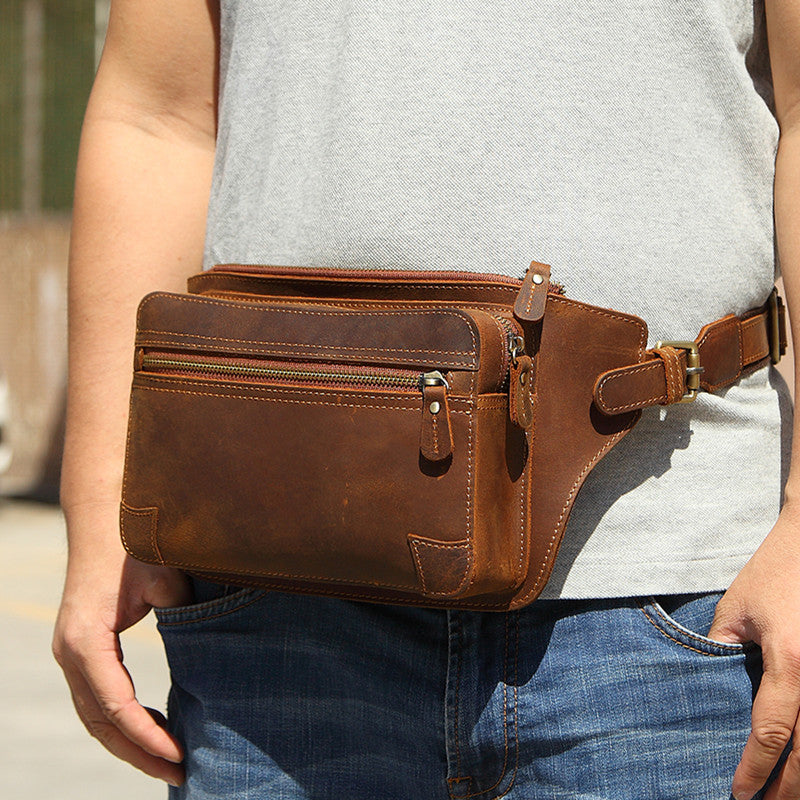 Vintage Brown Leather Men's Fanny Pack Coffee Chest Bag Waist Bag For Men