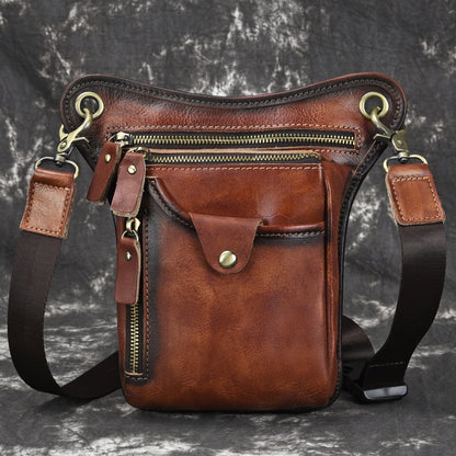 Vintage Brown Leather Men's CELL PHONE HOLSTER MINI SIDE BAG BELT POUCH Drop Leg Bag For Men