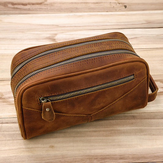 Brown Leather Men's Toiletry Bag Travel Dopp Kit Double Zipper Puller Clutch For Men