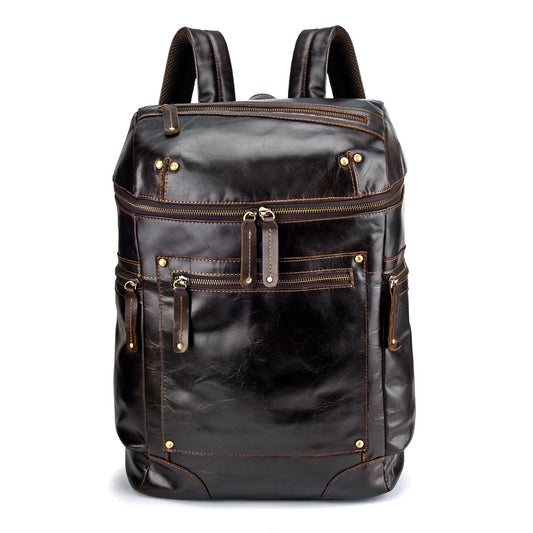 Casual Leather Mens 14inch Laptop Backpack School Backpack Barrel Travel Backpack for Men