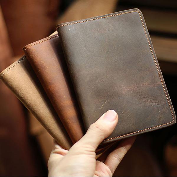 Casual Brown Handmade Leather Mens Bifold Passport Holder Travel Wallet Holder For Men