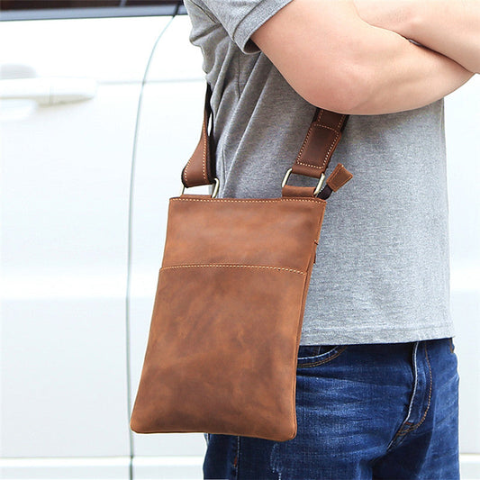 Vintage Brown Leather Men's Small Vertical Side Bag Small Messenger Bag For Men