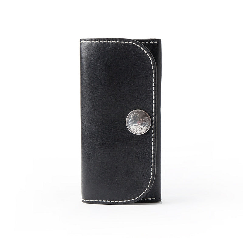 Black Handmade Leather Mens Long Wallet Bifold Card Wallets Buckle Wallet For Men