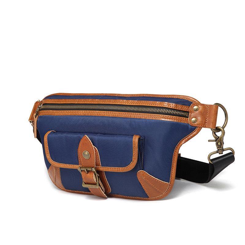 Casual Blue Nylon Leather Fanny Pack Men's Chest Bag Hip Bag Waist Bag For Men