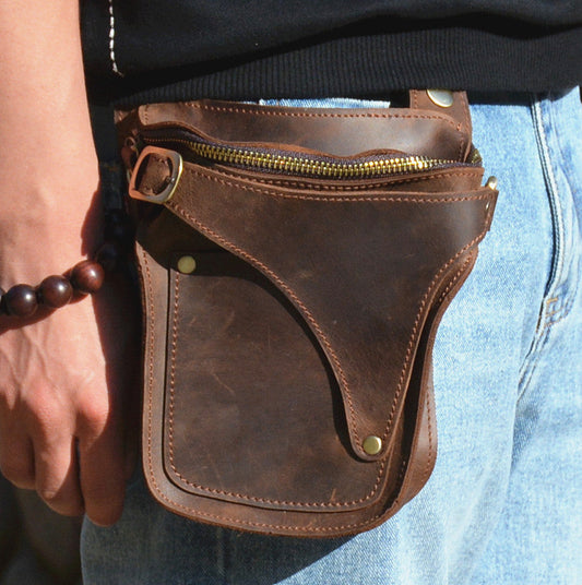 Cool Brown Leather Men's Belt Bag Waist Bag Motorcycle Bag Belt Pouch For Men