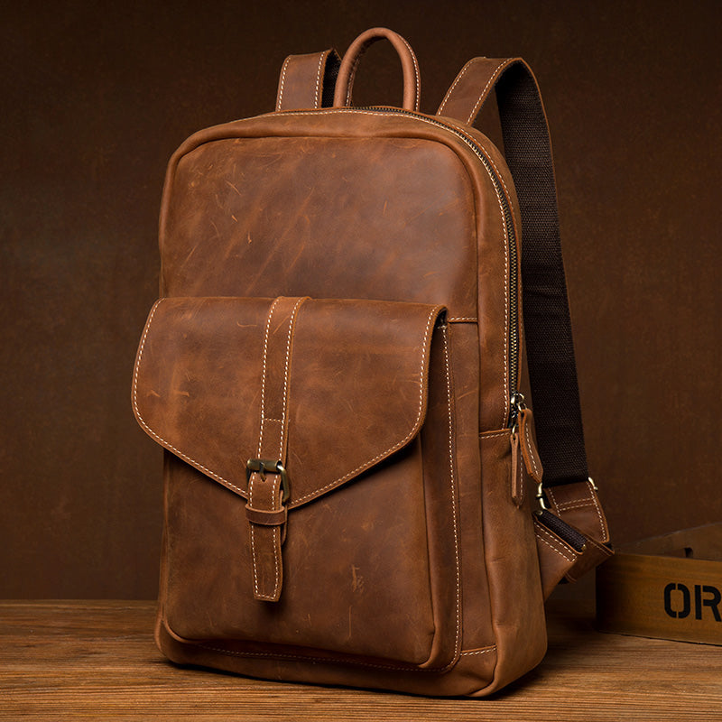 Casual Brown Large Leather Mens 15 inches Travel Backpack Computer Backpack School Backpack for Men