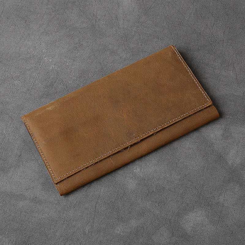 Brown Leather Mens Long Wallet Long Bifold Card Wallet For Men