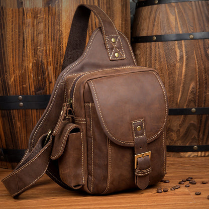 Casual Brown Leather Mens Sling Packs Sling Bag Chest Bag One Shoulder Backpack for Men