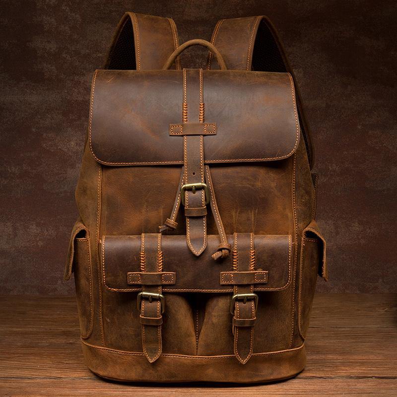 Vintage Brown Fashion Mens Leather 15-inch Computer Backpacks Brown Travel Backpacks School Backpacks for men