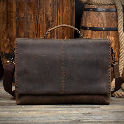 Vintage Dark Brown Leather Mens 15 inches Briefcase Laptop Bag Business Side Bags Work Bag for Men