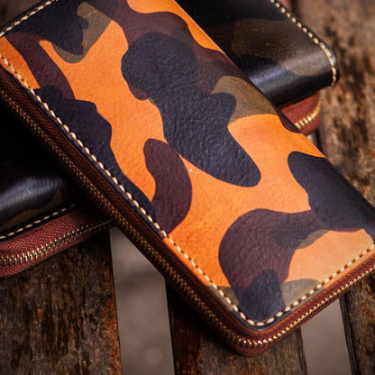 Handmade Leather Men Camouflage Cool Leather Wallet Long Phone Clutch Wallets for Men