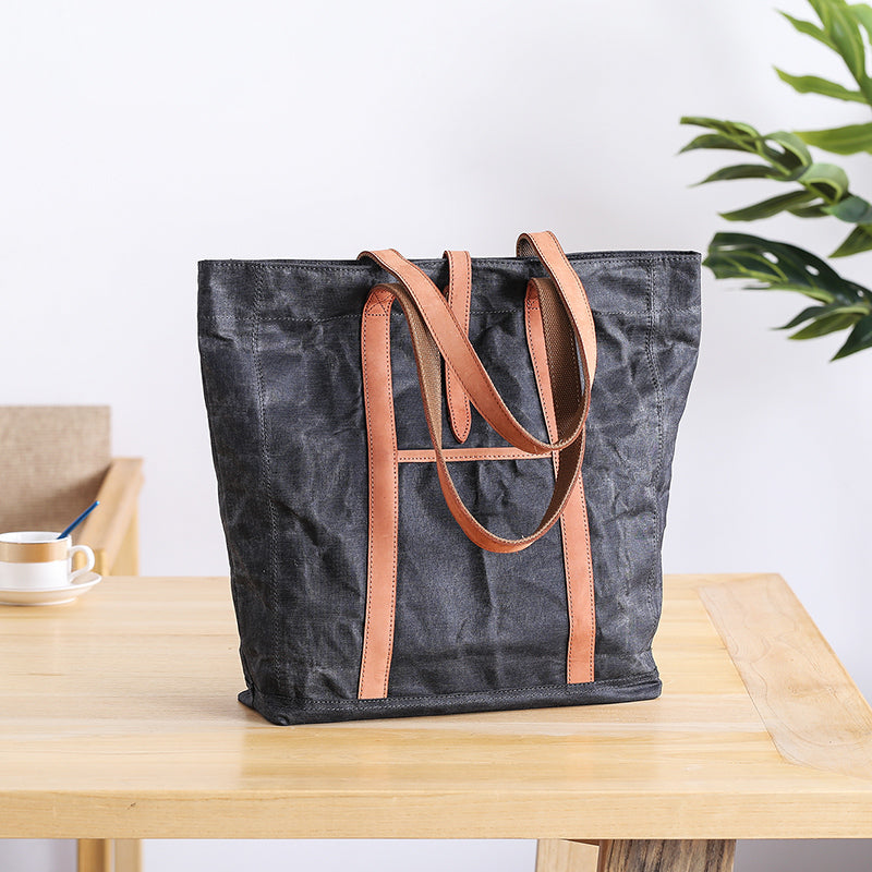 Waxed Leather Mens Womens Black 14'' Waterproof Tote Bag Handbag Tote Bag Shoulder Bag Tote Purse For Men