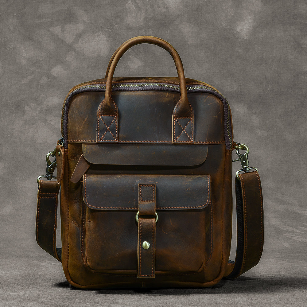 Vintage Leather Mens 10'' Vertical Brown Briefcase Handbag Bag Shoulder Bag Side Bag For Men