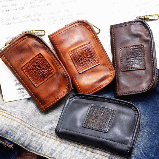 Vintage Mens LEATHER Car Key Holder Zipper Key Wallet Key Holder for Men