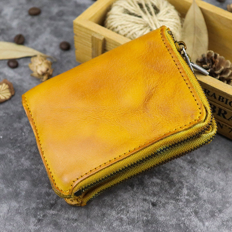 Brown Leather Men's Yellow Zipper Camel Small Wallet Bifold billfold Card Wallet For Men